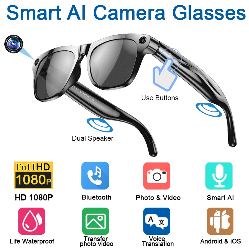 

1080P HD AI Smart Glasses Chat GPT 100W Camera Bluetooth Call 260Mah Battery Voice Assistant Control Smart Glasses 2025 XK Open