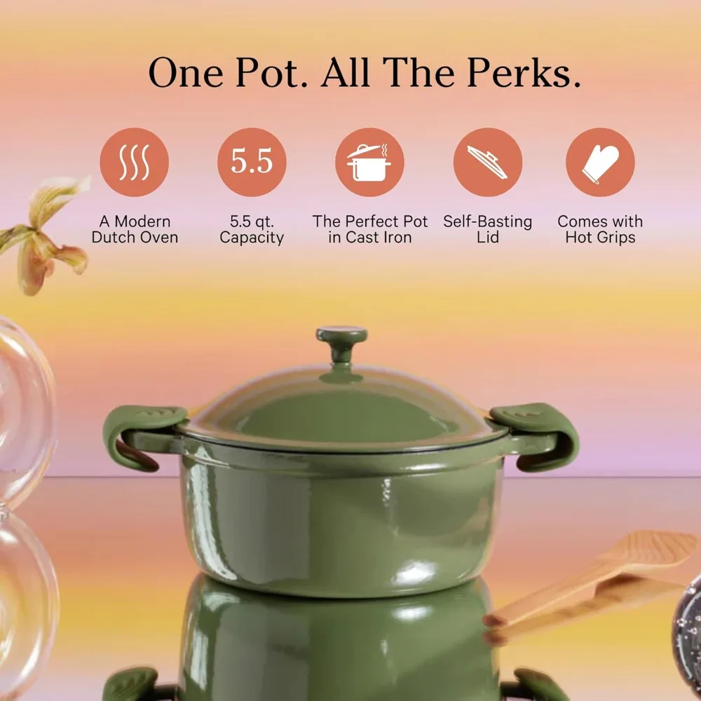 Our Place Cast Iron Perfect Pot | 6-in-1 Multifunctional 5.5 Qt. Toxin-Free Enameled Dutch Oven with Self-Basting Lid | Hot