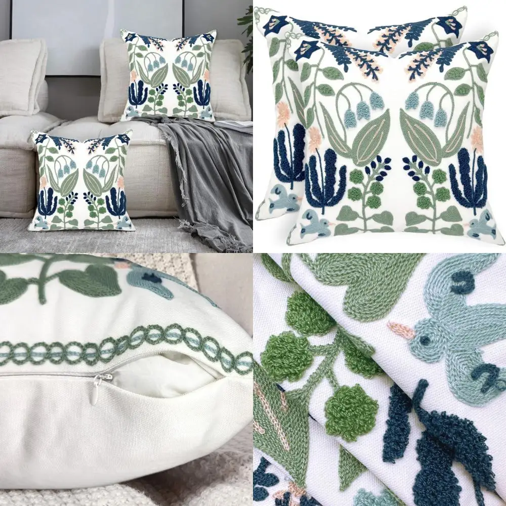 

20x20 Floral Embroidery Throw Pillow Covers Set, Navy & Green Cottage Style, Cotton Canvas for Sofa or Bed, Farmhouse Decor