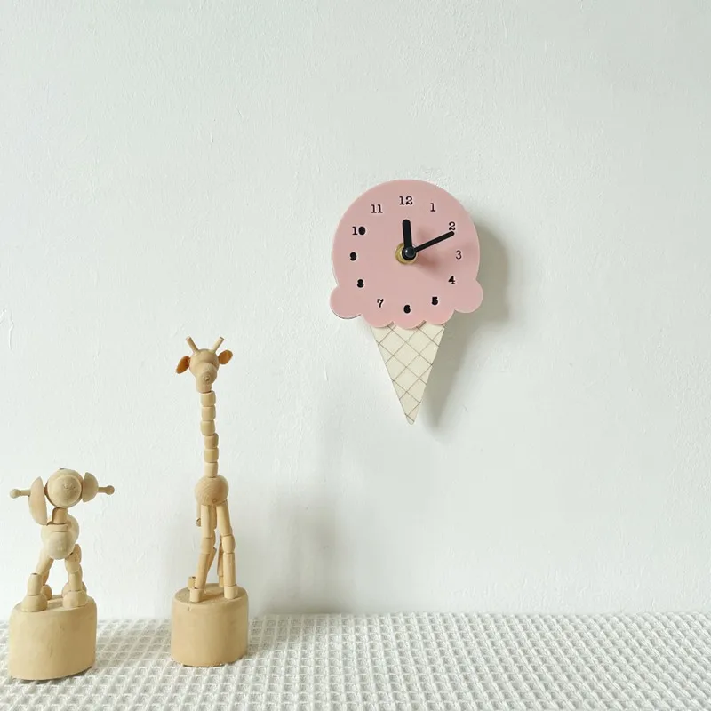 INS Nordic Wooden Ice Cream Wall Clock Wood Silent Mute Clocks Kids Room Decoration Ornament Nursery Decor Furniture Photo Props