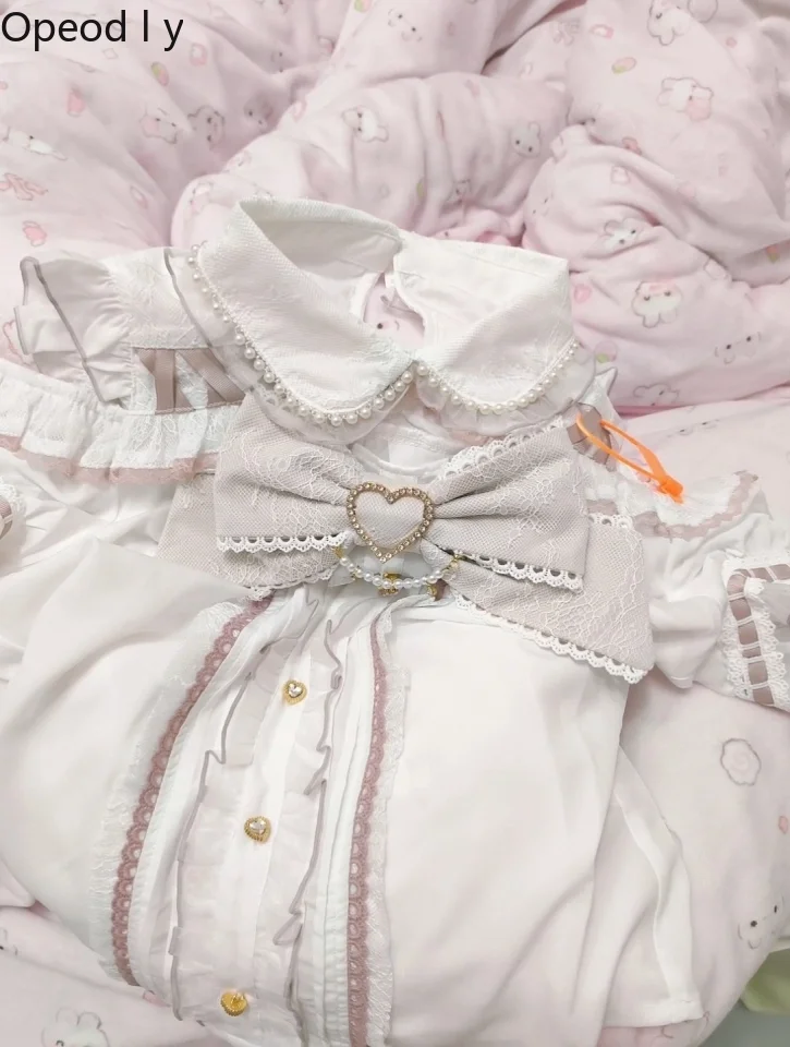 

Liz Long-sleeved Shirt Women's Spring Summer New Japanese Sweet Lace Pink Bow Off-the-shoulder Cute Princess Lolita Blouse Top