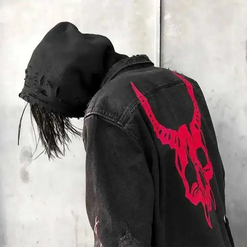 HKSH Men\'s Tide Punk Spring And Autumn New Print Jackets Loose Size Skull Denim Coat Fashion Dark Single Breasted Vintage HK0114