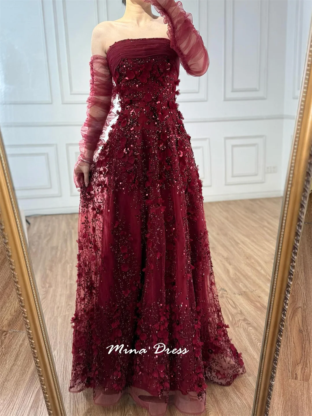 Mina Abiti eleganti da donna personalizzati con fiori 3D per occasioni speciali Perline Abito da sera arabo con top a tubo Abito da ballo di lusso