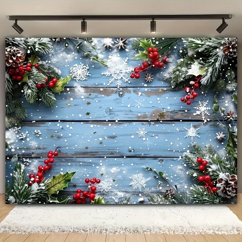 Weihnachts-Hintergrundstoff, schneeblaues Holzbrett mit roten Beeren und grünem Pflanzendesign