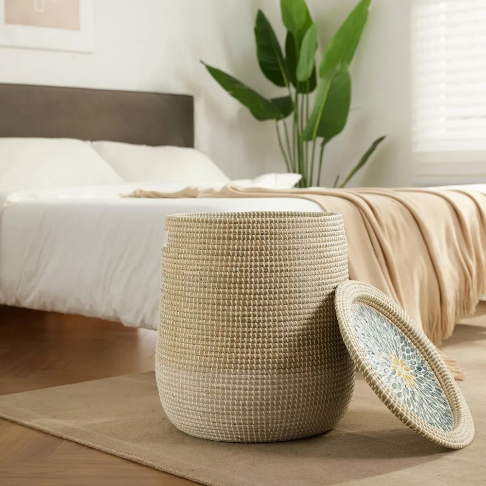 سلة غسيل من الأعشاب البحرية المنسوجة يدويًا مع حقيبة قابلة للإزالة، سلة تخزين سعة 28 لتر للاستخدام الخارجي الطبيعي #6