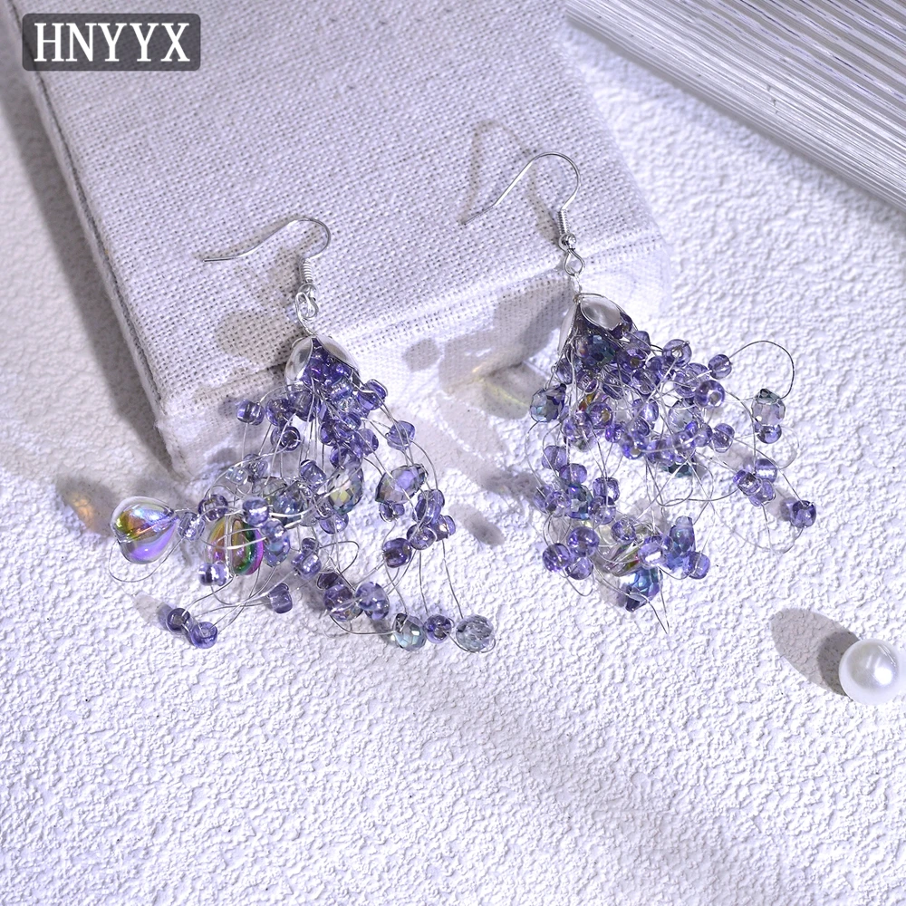 HNYYYX Korean Minimalist Crystal Earrings Romantic Purple Unique Long Earrings Fashionable Women Holiday Party Accessories B28