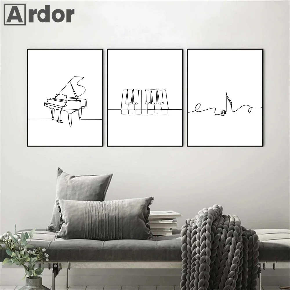 Nordic Piano Line Drawing Wall Art Poster Music Notes Art Print Piano Key Canvas Painting Black White Pictures Living Room Decor