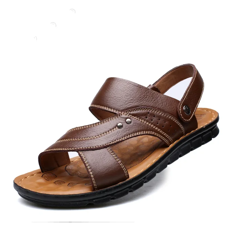 Men\'s Summer New Sandals Leather Beach Shoes Casual Men\'s Shoes Fashion Slippers Stripe Sandals Rubber  Mens Shoes