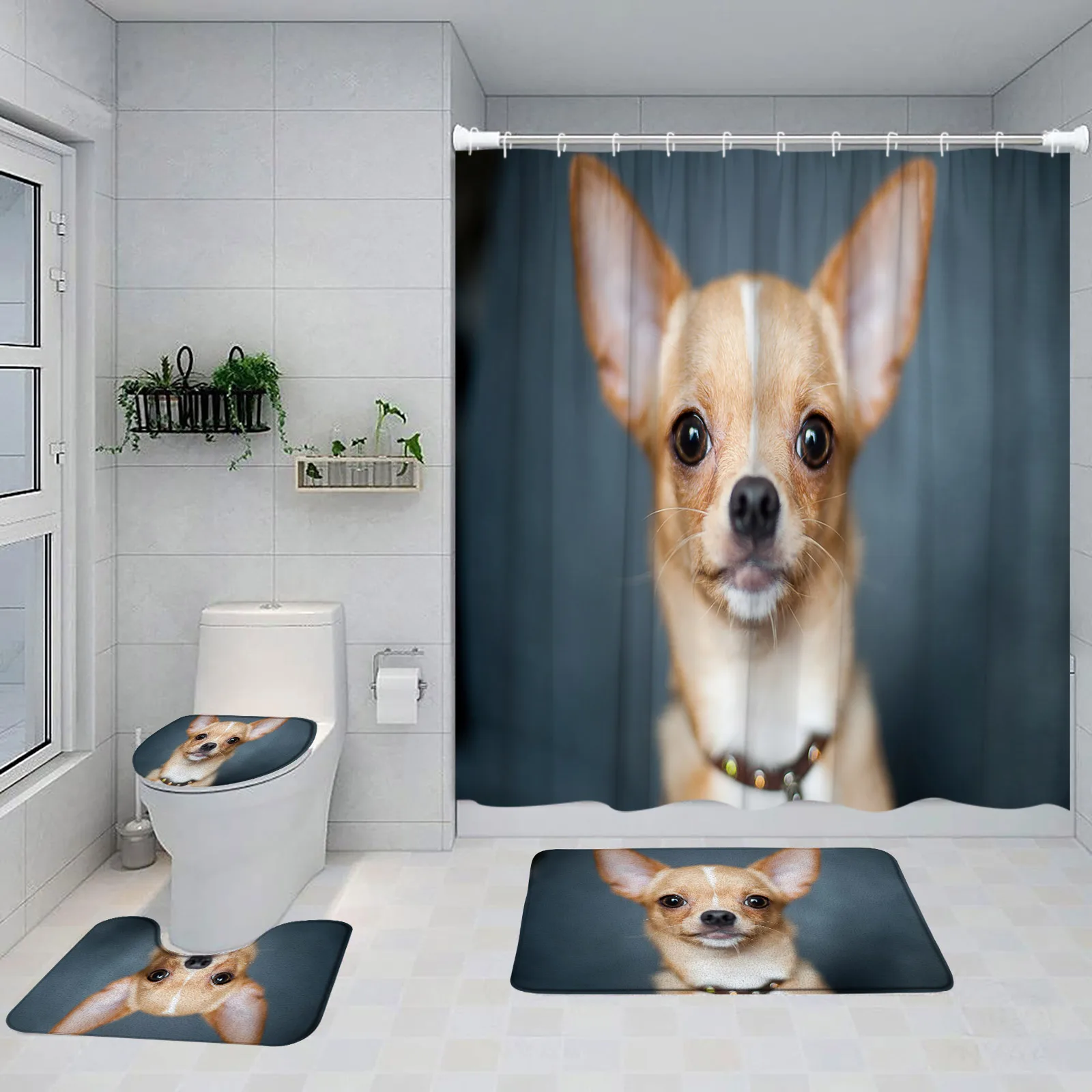 Funny Dog Shower Curtain Set Cute Animal Pet Grey Bath Curtain Home Bathroom Decor Carpet Non-Slip Rug Bath Mat Toilet Lid Cover