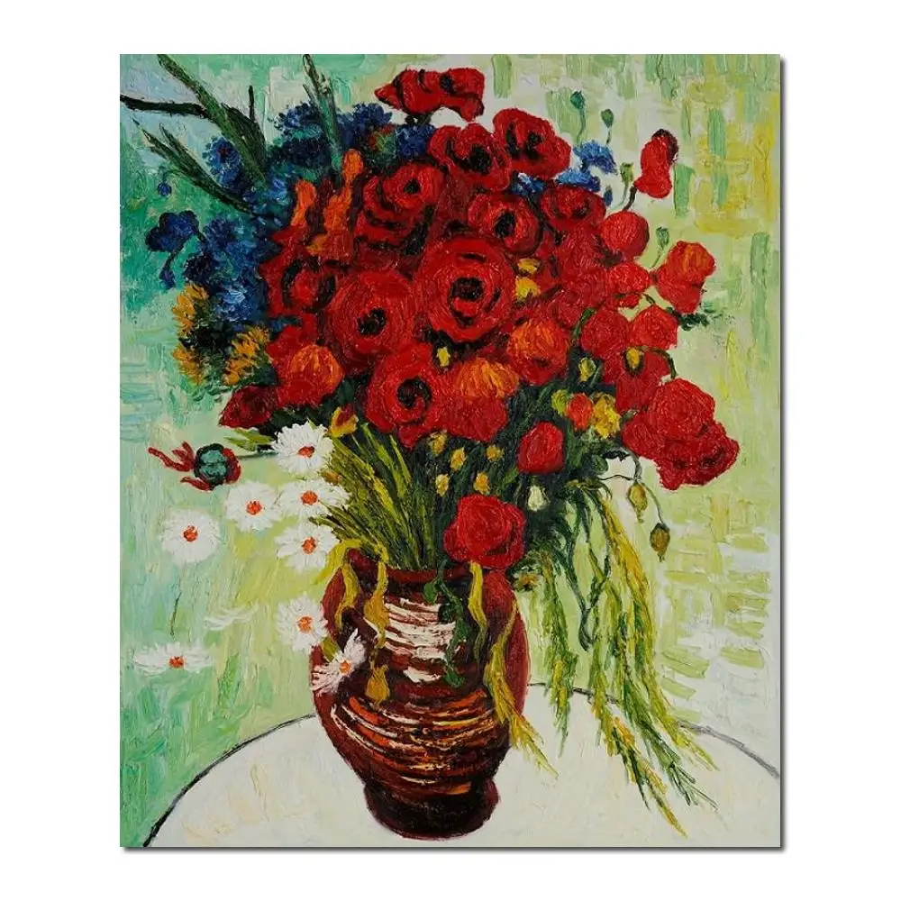 

High Quality Hand-painted Vincent Van Gogh Paintings Vase with Daisies and Poppies Flower Canvas Art Kitchen Room Decor