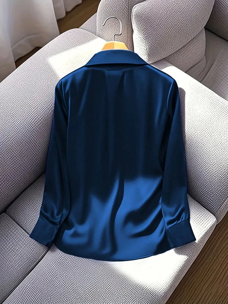 Nueva camiseta Vintage de manga larga con cuello en V de satén de lujo azul marino, moda para ir al trabajo, K Pop Office, jerséis ajustados para mujer, Polos que combinan con todo