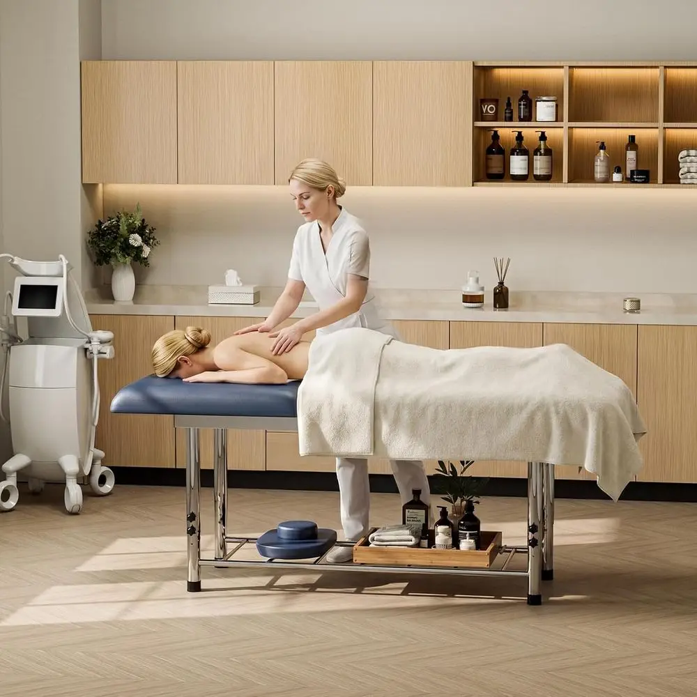 Adjustable Height Massage Table, 550lbs Capacity, Treatment Bed with Backrest and Storage, Blue