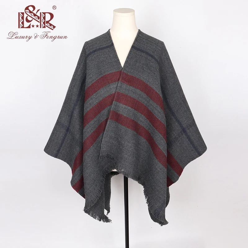 Ponchos de Cachemira a rayas para mujer, bufandas gruesas y cálidas, prendas de vestir, chal, Pashmina, moda de invierno, 2023