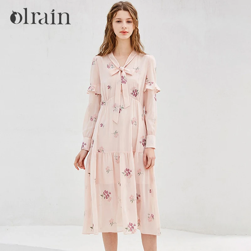 

OLrain Womens Dresses Embroidered Spring 2025 New Chiffon Long Sleeve Ruffles Party Elegant Bow V-Neck A-line Dress 9CLC18063