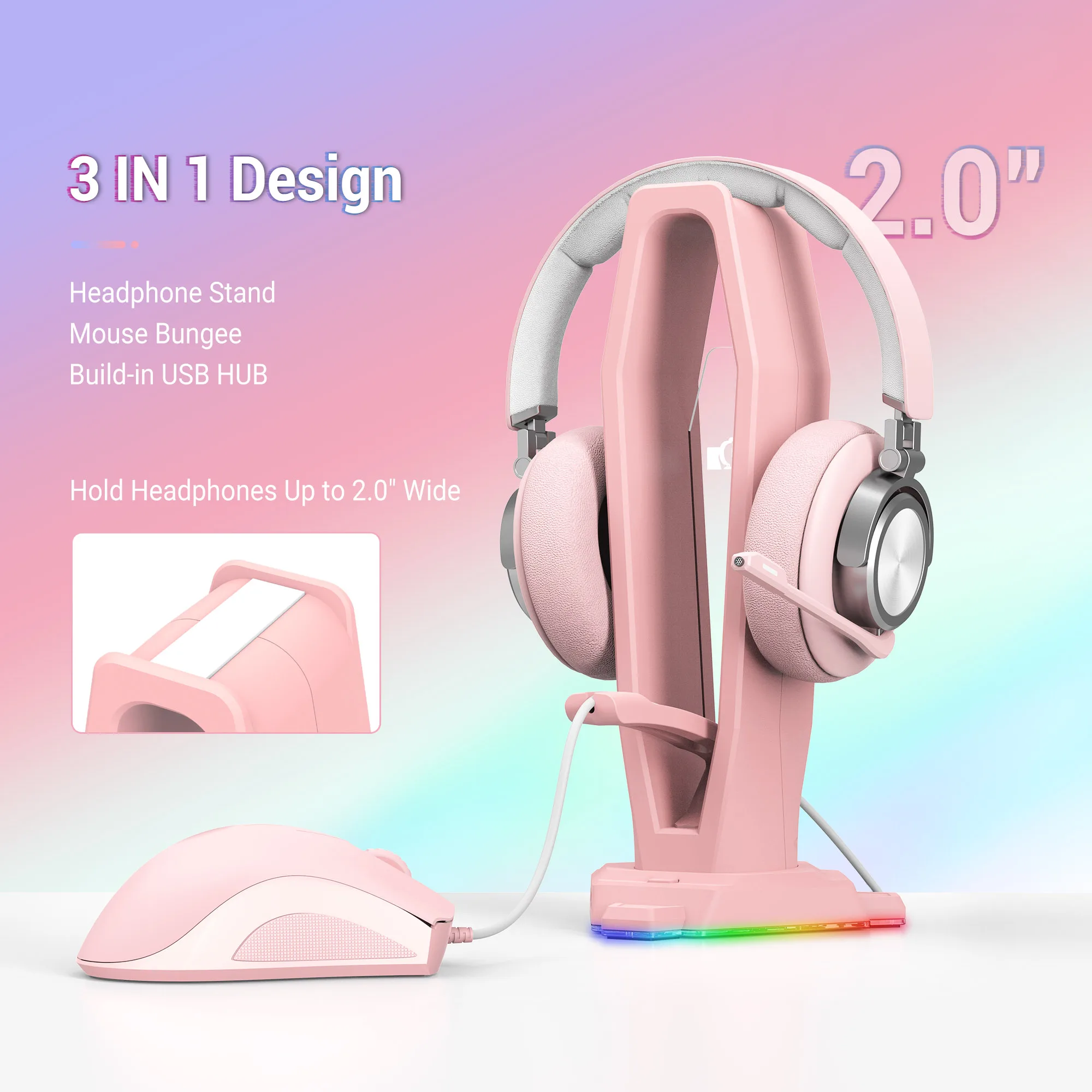 RGB Headphones Stand Over-ear Headset Holder Desktop Display Shelf with 4 USB Ports for Gamers Gaming PC Accessories Desk