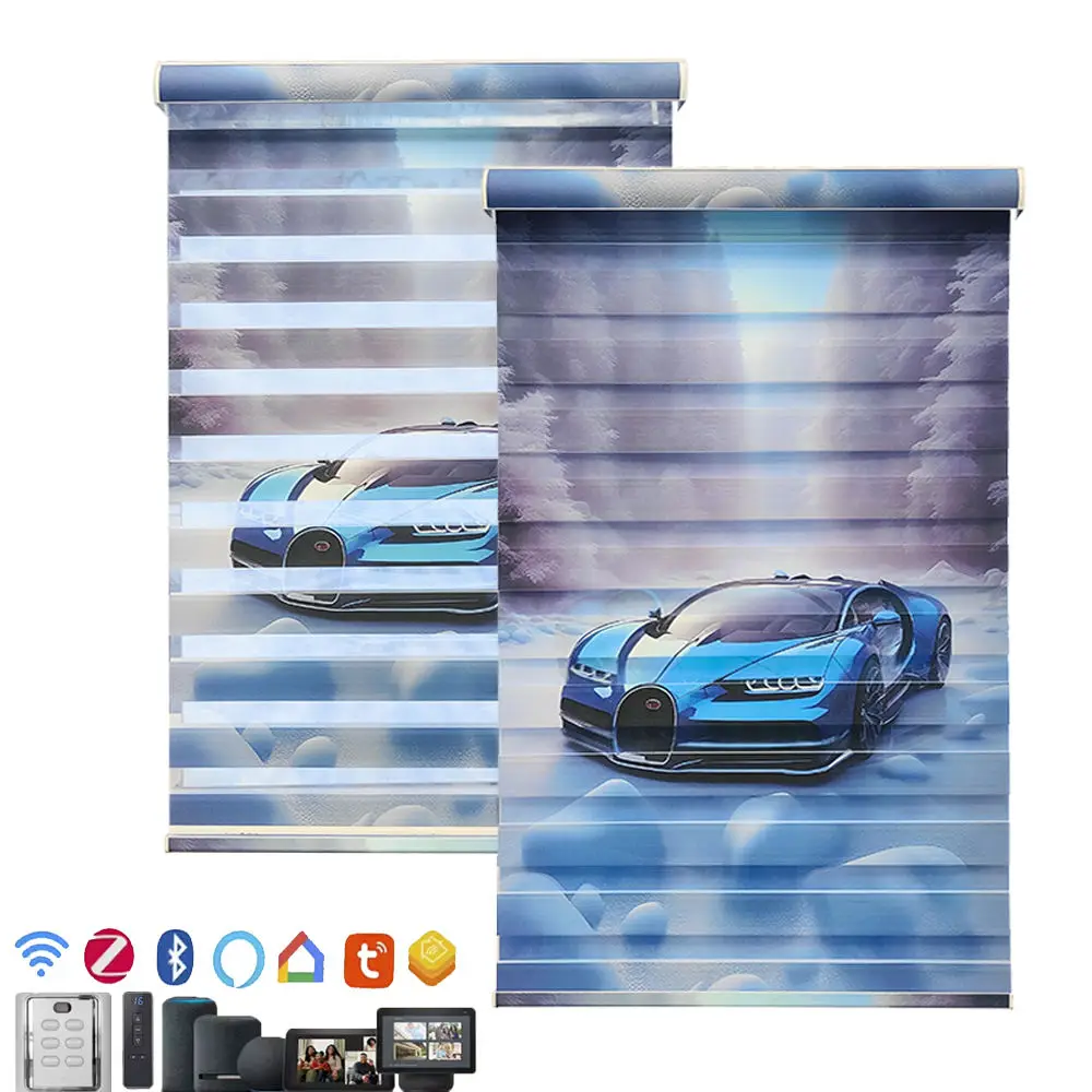 Automatic Blackout Silent Motor APP WiFi Smart Control Double Layer Day and Night Shade Printed Roller Zebra Blinds
