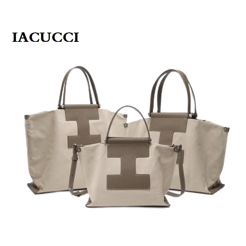 Iacucci Canvas Tote Bag for Women\'s Luxury Brand Handbags Large Capacity Computer Bag Genuine Leather Shoulder Crossbody Bag