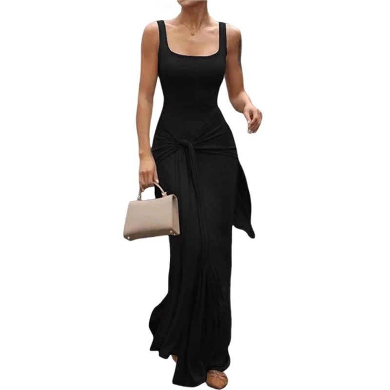 A18P-Vestido sin mangas con cuello cuadrado de verano para mujer, vestidos largos ajustados con doble forro sexy