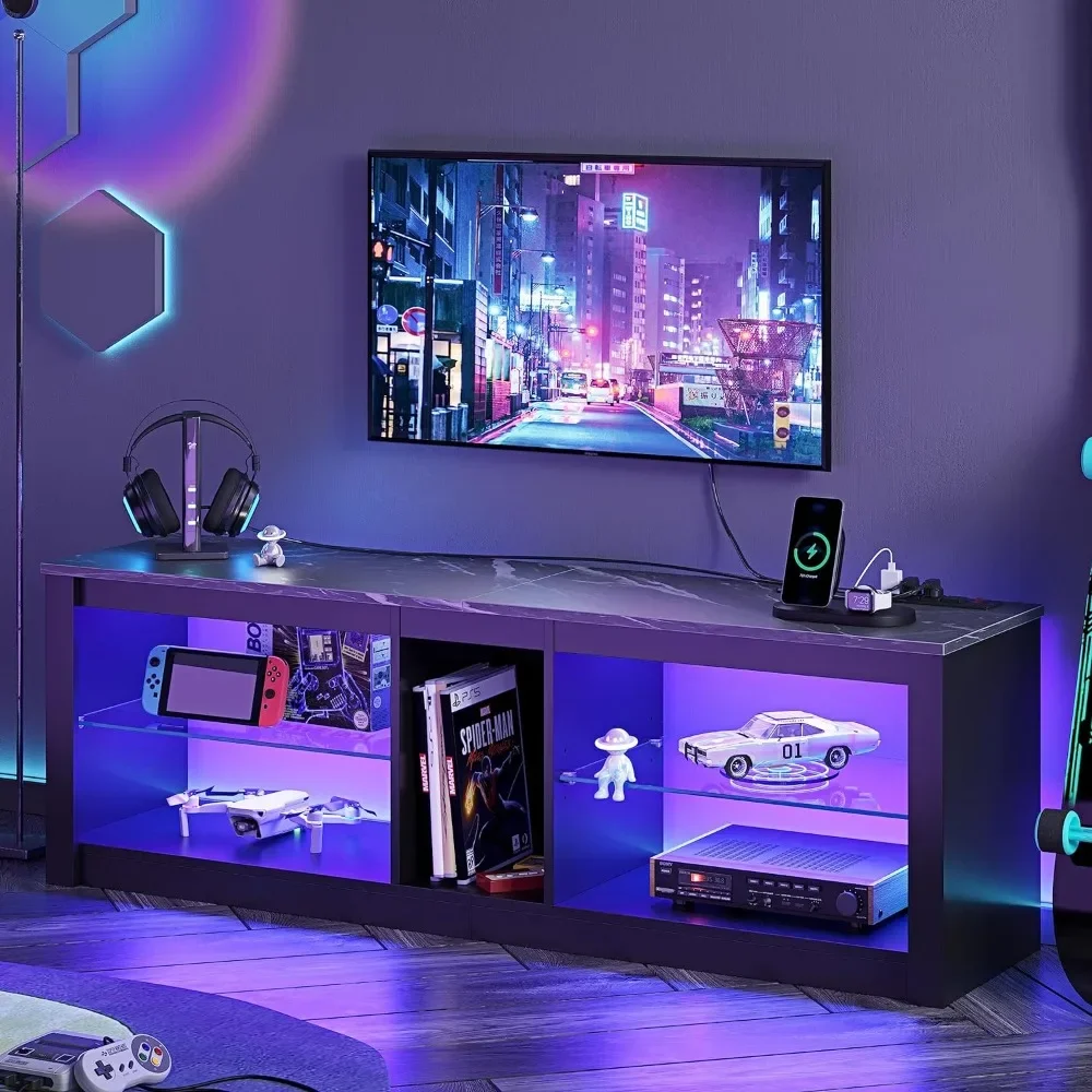 Gaming Entertainment Center with Power Outlet,55 inch TV Stand LED TV Stand & 22 Dynamic RGB Modes,Removable Glass