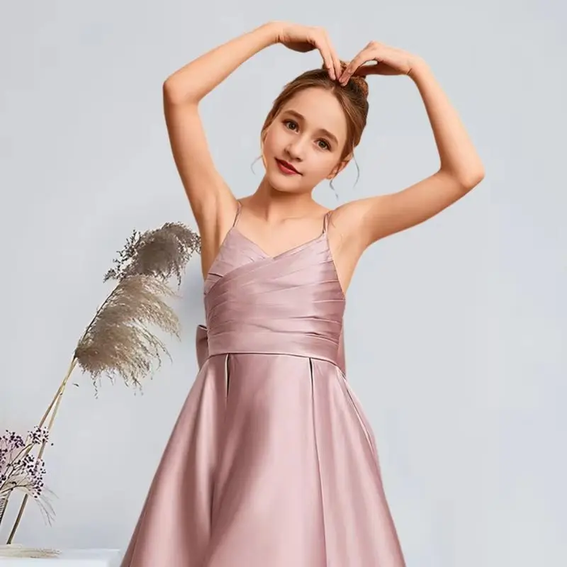 

FB Kids A-Line V-Neck Asymmetrical Satin Junior Bridesmaid Dress with Bow Dusty Rose Charming Flower Girl Dresses Party Wedding