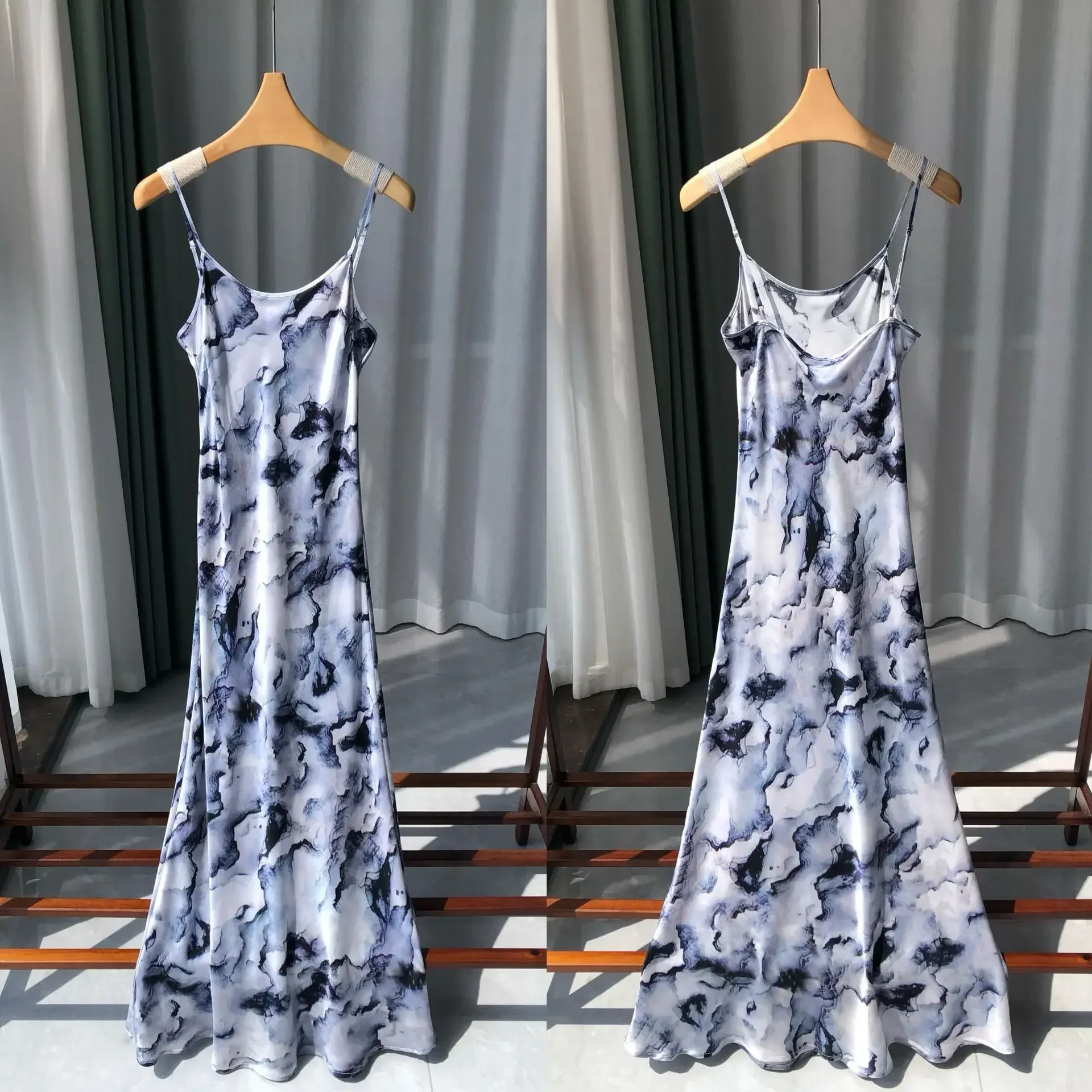 

Grey Purple Ink Printing · Unique and Romantic Soft Glutinous Sand Wash Vegetable Crepe Satin Oblique Silk Suspender Dress