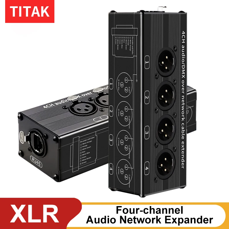 RJ45 CAT5 to 4-Channel 3Pin XLR/6.35mm Audio And DMX Over Network Cable Extender,DMX512 Network Signal Extender Male+Female