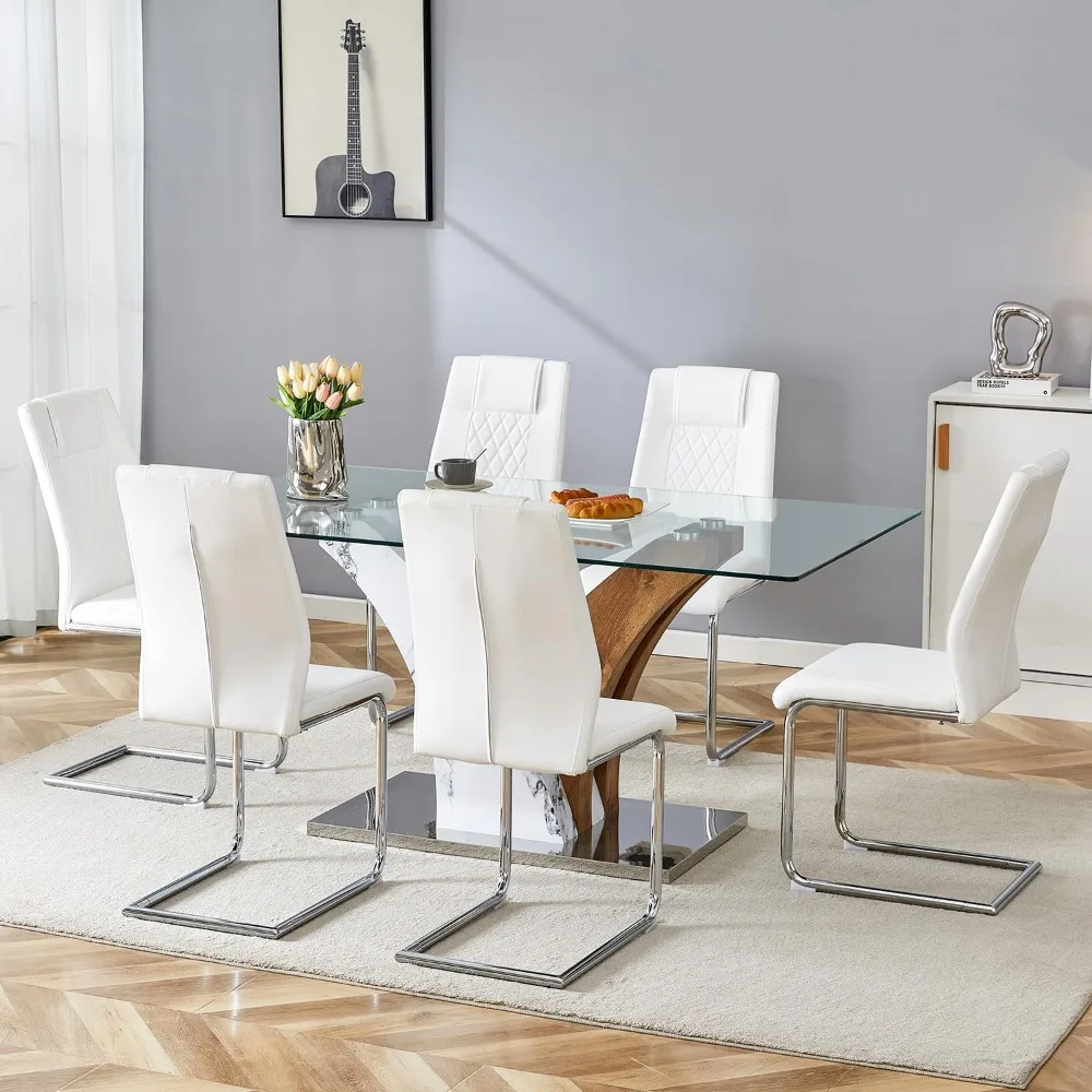 Ensemble de table à manger en verre avec pied de bricolage, table de cuisine avec 6 chaises blanches, dessus en verre du Guatemala, ensembles de table de salle à manger modernes