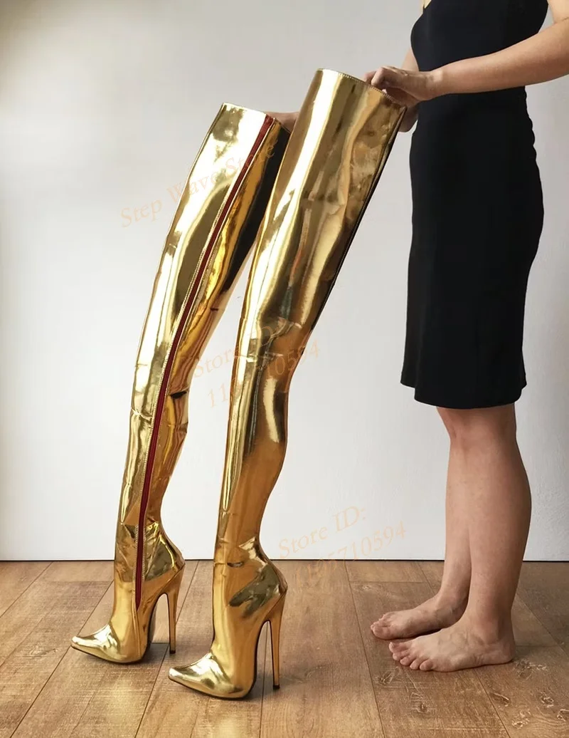 Metallic Gold Thigh High Boots Super Thin High Heel Zipper Runway 2026 Hard Shaft Customized Pointy Toe Handmade Solid Boots