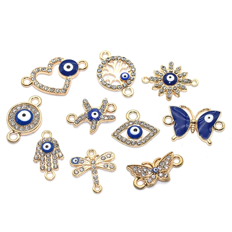 10pcs Mixed Evil Eye Enamel Charms With Rhinestones Alloy Metal Connector Pendants For DIY Bracelet Necklace Jewelry Making