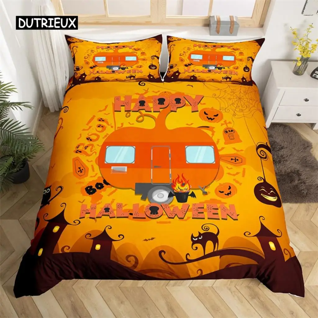 

Happy Halloween Duvet Cover King Pumpkin Lantern Camping Car Bedding Set For Kids Boys Girl Bedroom Cartoon Festival Quilt Cover