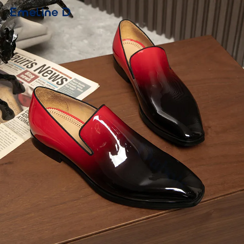 Black and Red Gradient Slip-On Loafers Patent Leather Shiny Leather Casual Shoes Large Size Fashion Business Leather Shoes