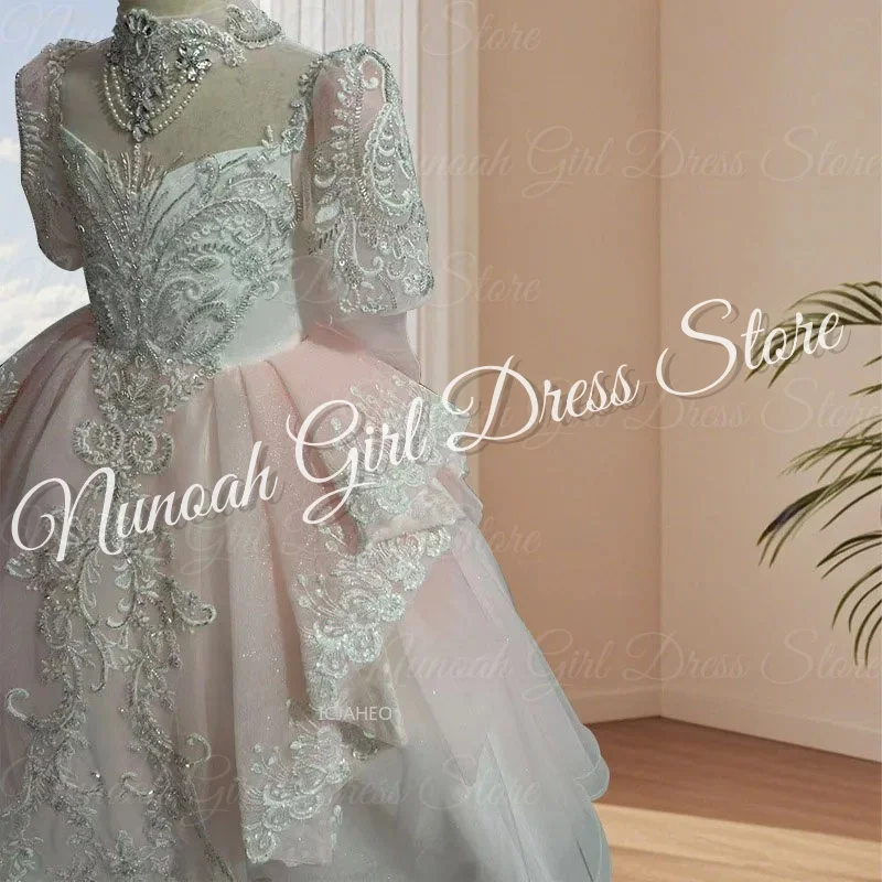 Robes de demoiselle d'honneur à col haut pour mariage, avec des Appliques en dentelle, longueur au sol, robes de fête d'anniversaire pour filles, robes de première Communion personnalisées