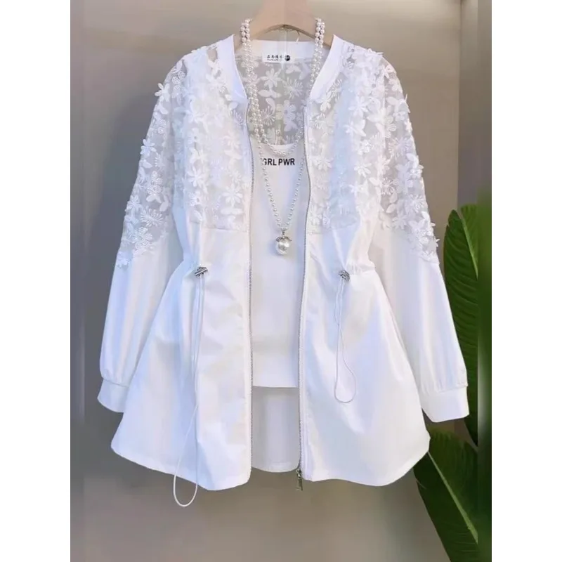 

Summer Three-dimensional Flower Trench Coat Plus-size Women's Clothing Chubby Girls Slimming Lace Patchwork Long-sleeved Coat