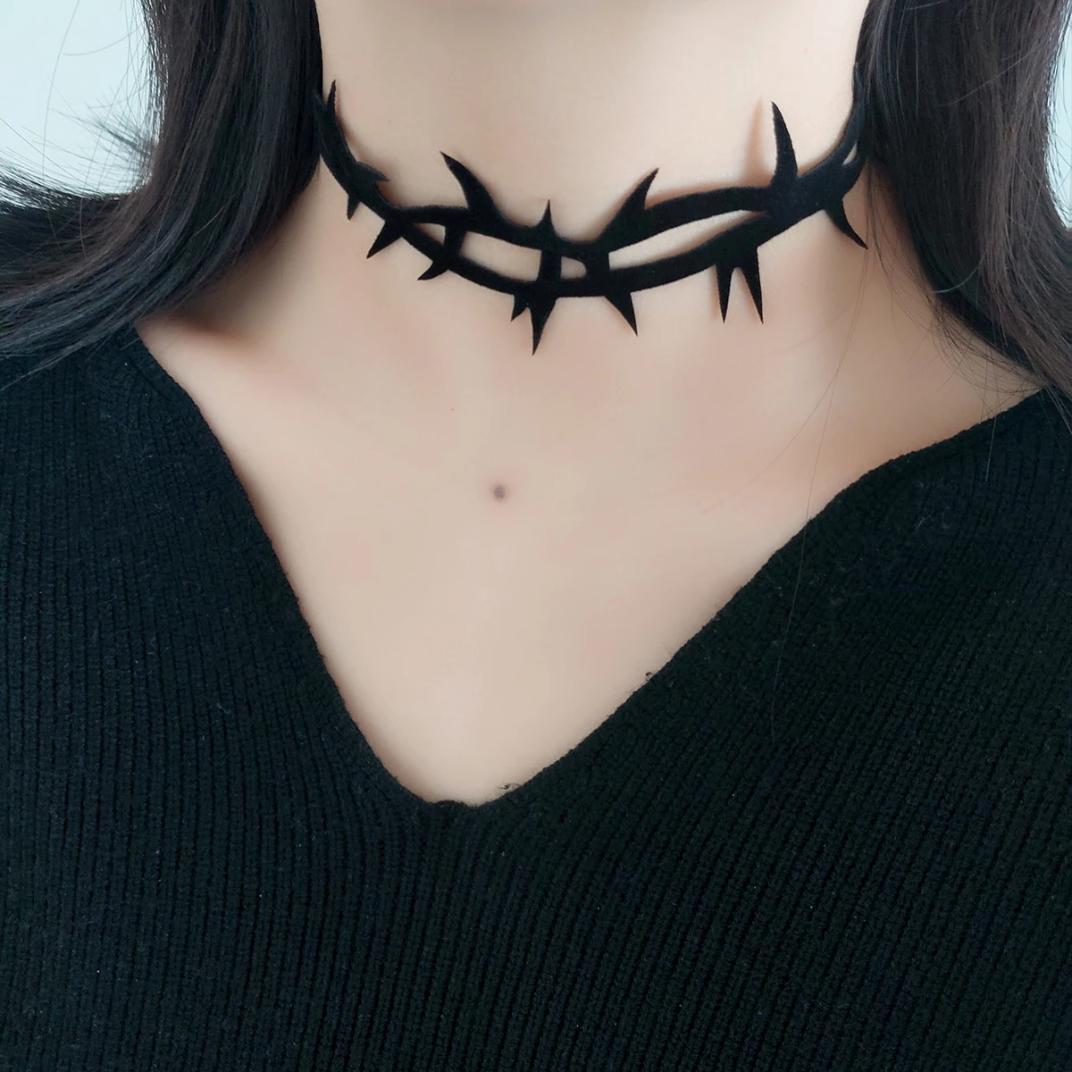 Dark Tie Goth Style Personality Fashion Suede Black Thorn Roleplay Witch Masquerade Ball Strap Choker Collar Necklace Gir