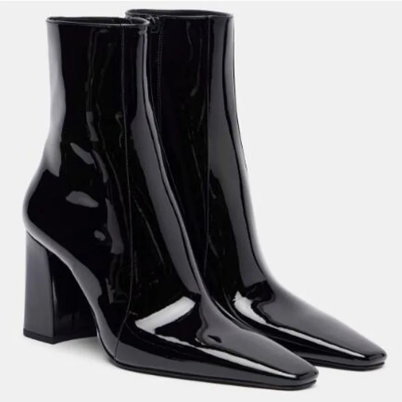 جديد الخريف النساء الأسود لامعة براءات الاختراع والجلود ساحة تو حذاء بكعب سميك سليم حذاء من الجلد السيدات عالية الكعب فارس الجوارب القصيرة الأحذية