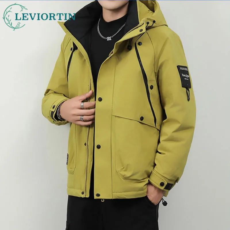 Cargo Duck Down Jacket Men 2024 Winter Work Style Contrasting Loose Hooded Assault Jacket Workwear Thickened Warm Jacket Trendy