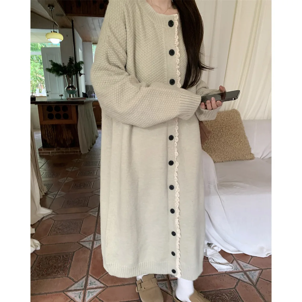 

Женские однотонные длинные кардиганы, свитера, вязаные джемперы с кружевной отделкой, круглым вырезом и длинными рукавами, однобортные, свободные, повседневные, осень-зима 2025