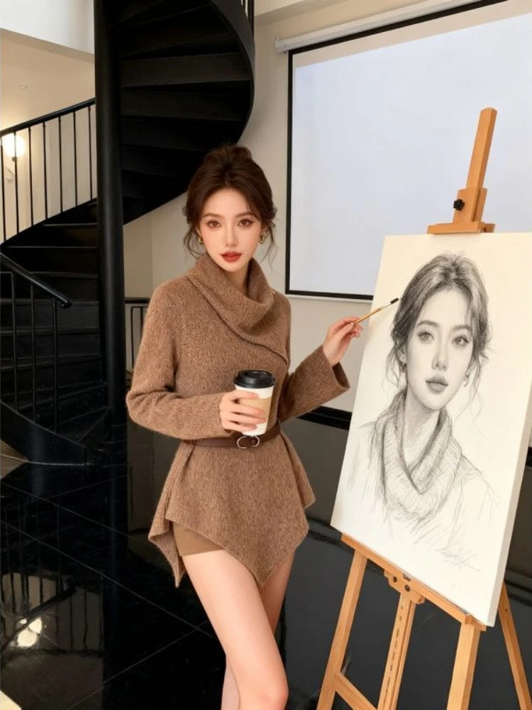 الفرنسية أنيقة عالية الرقبة متماسكة المرأة الخريف الشتاء سليم صالح مربوط سترة مجموعة براون متوهج كم شيك عادية مكتب نمط