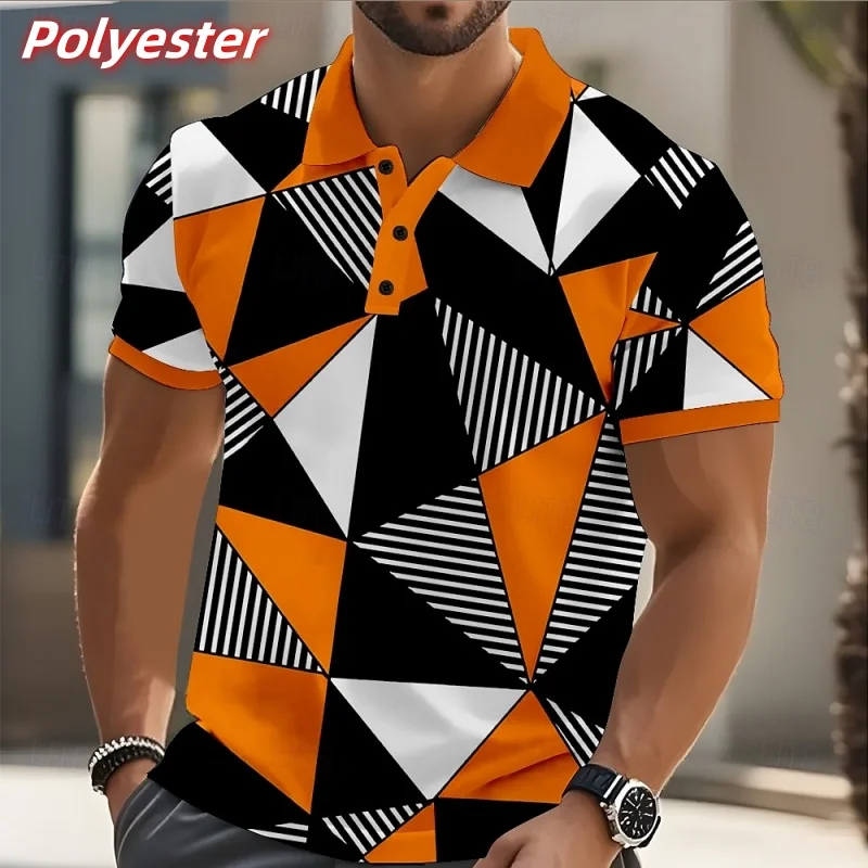 3D Printed Geometric Polo Shirt Men Summer Streetwear