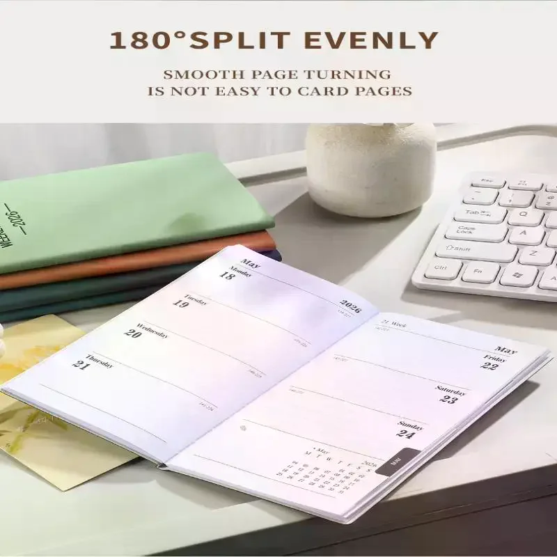 สมุดแพลนเนอร์รายวันขนาด A6 ปี 2026 1 เล่ม, ปฏิทินหนังสีโมรันดี, 64 แผ่น 128 หน้า สมุดปฏิทินรายสัปดาห์แบบบาง