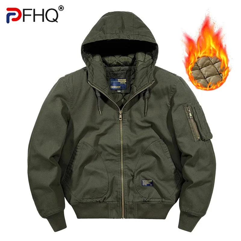 PFHQ Winter men's cotton jacket casual hooded jacket loose workwear 2024 solid color long sleeve pocket design tops