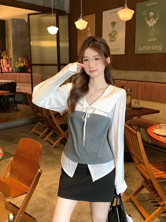 

Chic plus Size Korean Sle irt with Belt And Stand Collar Fake Two-Piece Spring New High Waist Slit Women's Faionable Top