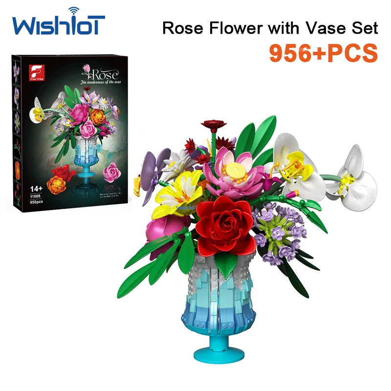 

11008 956pcs Vase Rose Building Set Mini Particle Floral Arrangement DIY Simulation Bouquet Model Bricks Gifts for Adults