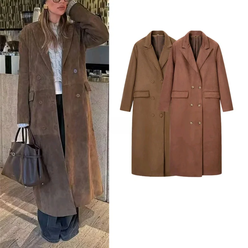 

Новое зимнее женское двубортное замшевое пальто American Briti Sle Long Sve, ветровка средней длины Jaet