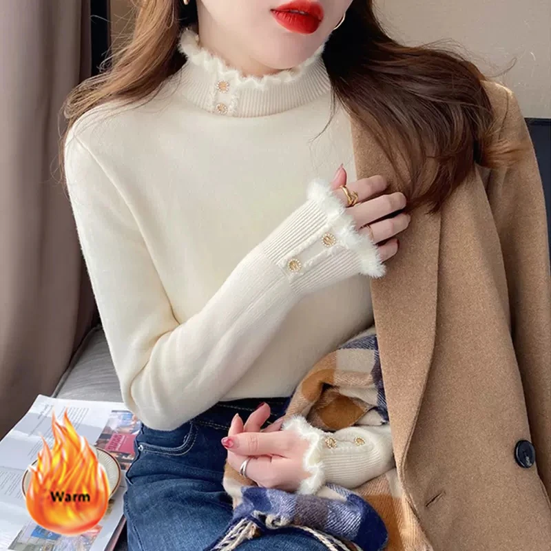 Korean Plush Velvet Winter Sweater Women Sweet Ruffles Half High Collar Knitted Bottoming Pullover 2024 Fall Design Knitwear Top