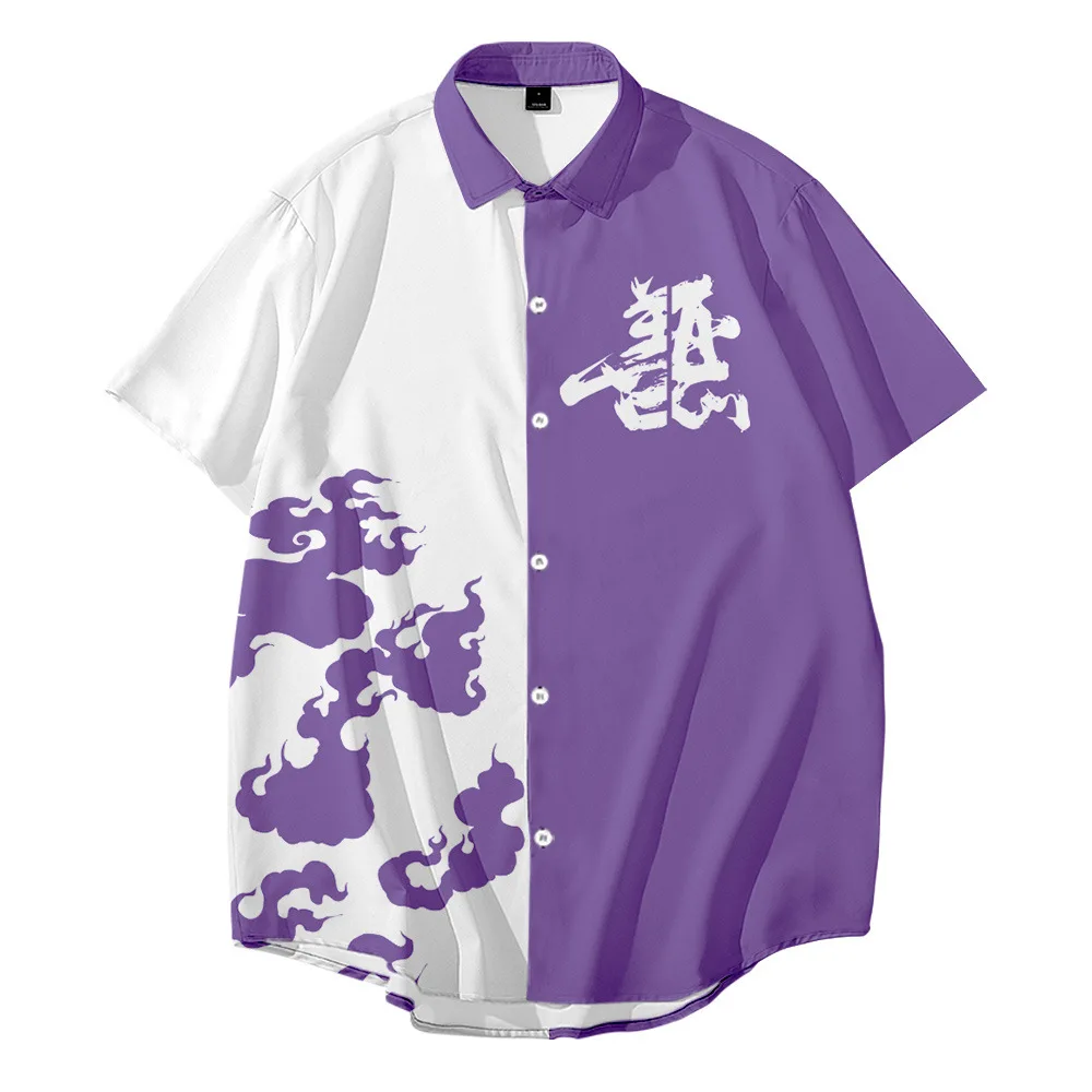 

Men's Shirts Badness Word Print Chinese Style White And Purple Summer Plus Size Tops for Men And Women Casual