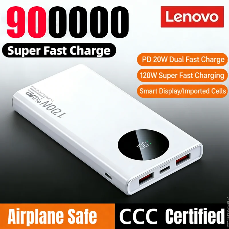 Lenovo 900000mAh Power Bank 120W Super Fast Charging PD20W Dual Way Digital Display Airplane Safe CCC For iPhone Samsung Xiaomi