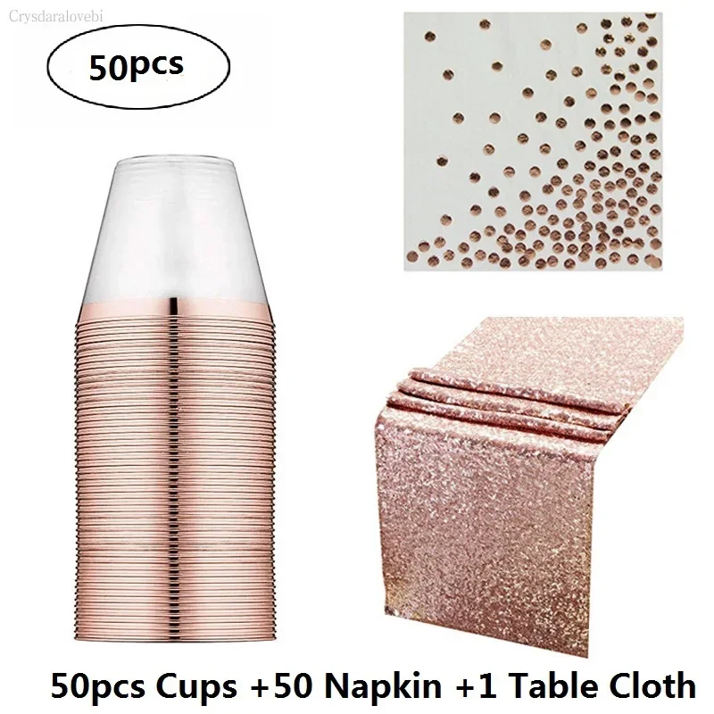 9OZ Rose Gold Rim Transparent Plastic Cups Disposable Napkin Table Cloth Towel Wedding Birthday Party Party Decoration Set