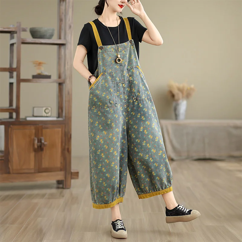 Loose Wide Leg Casual Denim Print Nine-Tenths Overalls Women's Artistic Style plus Size Jeans Cotton Material No Brand