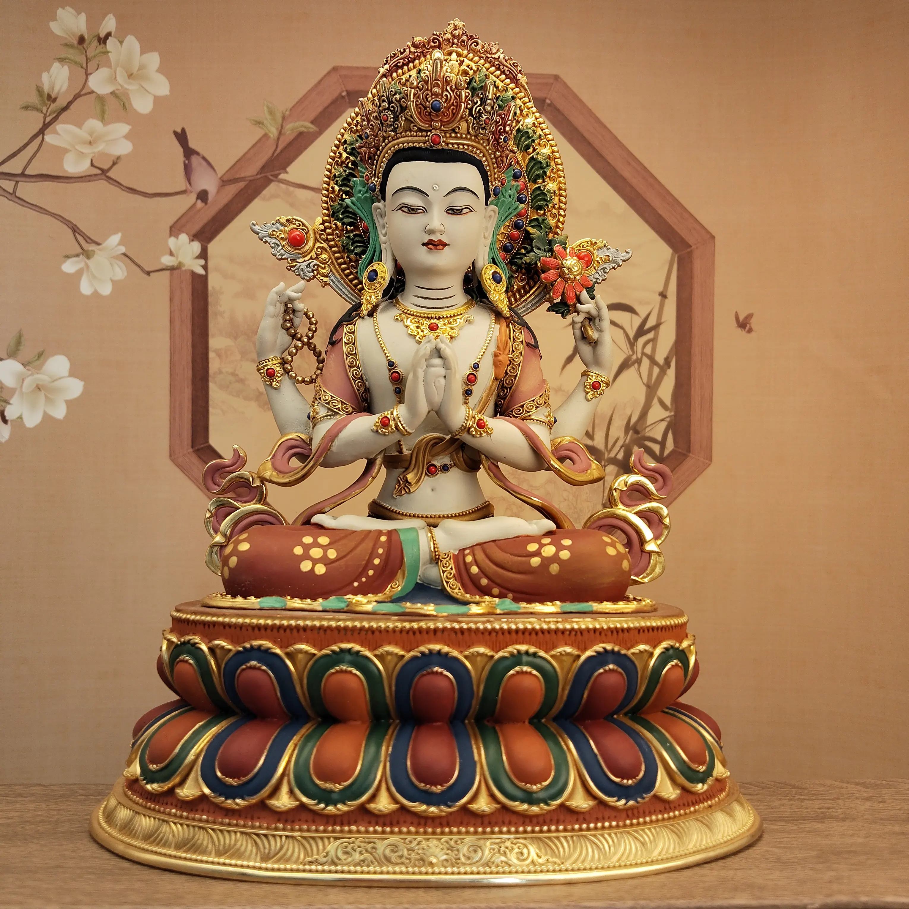 Nepal Brass Painted Four-Armed Avalokiteshvara Statue 23cm Home Altar Compassion Blessing